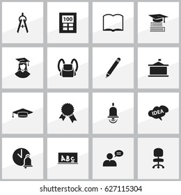 Set Of 16 Editable Graduation Icons. Includes Symbols Such As School Board, Univercity, Calculator And More. Can Be Used For Web, Mobile, UI And Infographic Design.