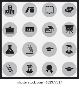 Set Of 16 Editable Graduation Icons. Includes Symbols Such As Bookshelf, Univercity, Chart Board And More. Can Be Used For Web, Mobile, UI And Infographic Design.