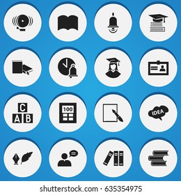 Set Of 16 Editable Graduation Icons. Includes Symbols Such As Alarm Bell, Education, Alphabet Cube And More. Can Be Used For Web, Mobile, UI And Infographic Design.