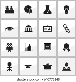 Set Of 16 Editable Graduation Icons. Includes Symbols Such As Blackboard, Museum, Univercity And More. Can Be Used For Web, Mobile, UI And Infographic Design.