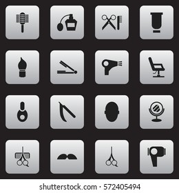 Set Of 16 Editable Hairdresser Icons. Includes Symbols Such As Barber Tools, Blade, Whiskers And More. Can Be Used For Web, Mobile, UI And Infographic Design.