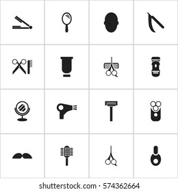 Set Of 16 Editable Hairdresser Icons. Includes Symbols Such As Vial, Brains, Whiskers And More. Can Be Used For Web, Mobile, UI And Infographic Design.