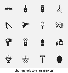 Set Of 16 Editable Hairdresser Icons. Includes Symbols Such As Shaving, Vial, Brains And More. Can Be Used For Web, Mobile, UI And Infographic Design.
