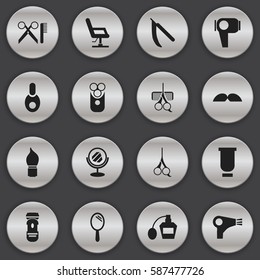 Set Of 16 Editable Hairdresser Icons. Includes Symbols Such As Peeper, Barber Tools, Shaving And More. Can Be Used For Web, Mobile, UI And Infographic Design.