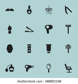 Set Of 16 Editable Hairdresser Icons. Includes Symbols Such As Shaver, Container, Scent And More. Can Be Used For Web, Mobile, UI And Infographic Design.