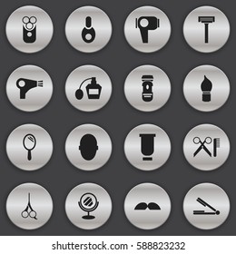 Set Of 16 Editable Hairdresser Icons. Includes Symbols Such As Scrub, Whiskers, Peeper And More. Can Be Used For Web, Mobile, UI And Infographic Design.