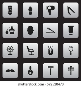 Set Of 16 Editable Hairdresser Icons. Includes Symbols Such As Shaver, Vial, Reflector And More. Can Be Used For Web, Mobile, UI And Infographic Design.