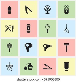 Set Of 16 Editable Hairdresser Icons. Includes Symbols Such As Desiccator, Cutter Apparatus, Charger And More. Can Be Used For Web, Mobile, UI And Infographic Design.