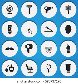Set Of 16 Editable Hairdresser Icons. Includes Symbols Such As Take The Hair Dryer, Charger, Shaver And More. Can Be Used For Web, Mobile, UI And Infographic Design.