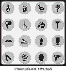 Set Of 16 Editable Hairstylist Icons. Includes Symbols Such As Whiskers, Peeper, Take The Hair Dryer And More. Can Be Used For Web, Mobile, UI And Infographic Design.