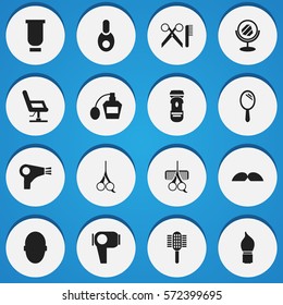 Set Of 16 Editable Hairstylist Icons. Includes Symbols Such As Whiskers, Scrub, Reflector And More. Can Be Used For Web, Mobile, UI And Infographic Design.