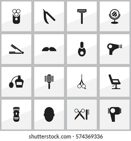 Set Of 16 Editable Hairstylist Icons. Includes Symbols Such As Blade, Brains, Cut Tool And More. Can Be Used For Web, Mobile, UI And Infographic Design.