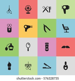 Set Of 16 Editable Hairstylist Icons. Includes Symbols Such As Whiskers, Shaving, Barber Tools And More. Can Be Used For Web, Mobile, UI And Infographic Design.