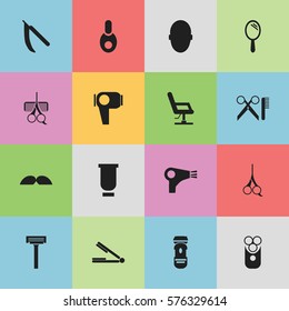 Set Of 16 Editable Hairstylist Icons. Includes Symbols Such As Whiskers, Shaving, Hairdresser Set And More. Can Be Used For Web, Mobile, UI And Infographic Design.