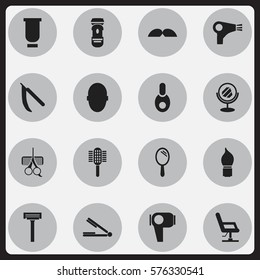 Set Of 16 Editable Hairstylist Icons. Includes Symbols Such As Container, Vial, Peeper And More. Can Be Used For Web, Mobile, UI And Infographic Design.