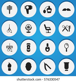 Set Of 16 Editable Hairstylist Icons. Includes Symbols Such As Scent, Scrub, Peeper And More. Can Be Used For Web, Mobile, UI And Infographic Design.