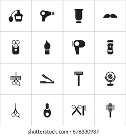 Set Of 16 Editable Hairstylist Icons. Includes Symbols Such As Cutter Apparatus, Whiskers, Hair Drier And More. Can Be Used For Web, Mobile, UI And Infographic Design.