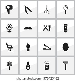 Set Of 16 Editable Hairstylist Icons. Includes Symbols Such As Shaving, Elbow Chair, Charger And More. Can Be Used For Web, Mobile, UI And Infographic Design.