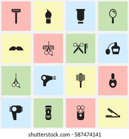 Set Of 16 Editable Hairstylist Icons. Includes Symbols Such As Scrub, Scent, Desiccator And More. Can Be Used For Web, Mobile, UI And Infographic Design.
