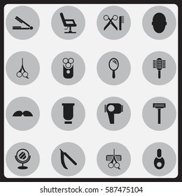 Set Of 16 Editable Hairstylist Icons. Includes Symbols Such As Shaver, Take The Hair Dryer, Elbow Chair And More. Can Be Used For Web, Mobile, UI And Infographic Design.
