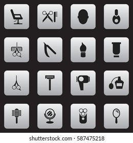 Set Of 16 Editable Hairstylist Icons. Includes Symbols Such As Charger, Barber Tools, Blade And More. Can Be Used For Web, Mobile, UI And Infographic Design.