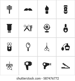 Set Of 16 Editable Hairstylist Icons. Includes Symbols Such As Hairdresser Set, Desiccator, Cut Tool And More. Can Be Used For Web, Mobile, UI And Infographic Design.