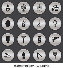 Set Of 16 Editable Hairstylist Icons. Includes Symbols Such As Scent, Desiccator, Blade And More. Can Be Used For Web, Mobile, UI And Infographic Design.