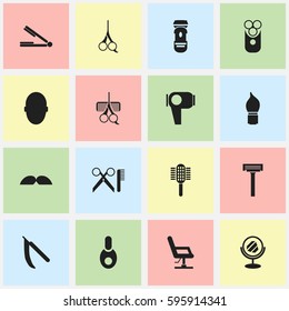 Set Of 16 Editable Hairstylist Icons. Includes Symbols Such As Charger, Whiskers, Shaving And More. Can Be Used For Web, Mobile, UI And Infographic Design.