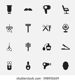 Set Of 16 Editable Hairstylist Icons. Includes Symbols Such As Cutter Apparatus, Scent, Charger And More. Can Be Used For Web, Mobile, UI And Infographic Design.