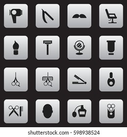 Set Of 16 Editable Hairstylist Icons. Includes Symbols Such As Hairdresser Set, Cut Tool, Scrub And More. Can Be Used For Web, Mobile, UI And Infographic Design.