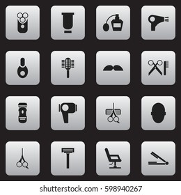 Set Of 16 Editable Hairstylist Icons. Includes Symbols Such As Desiccator, Shaving, Shaver And More. Can Be Used For Web, Mobile, UI And Infographic Design.