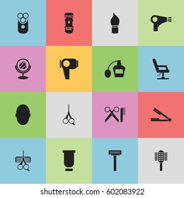 Set Of 16 Editable Hairstylist Icons. Includes Symbols Such As Shaving, Hairdresser Set, Hair Drier And More. Can Be Used For Web, Mobile, UI And Infographic Design.