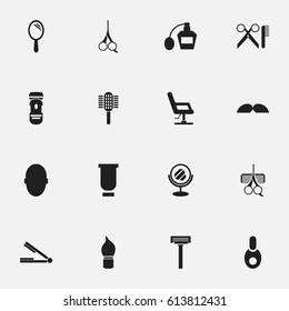 Set Of 16 Editable Hairstylist Icons. Includes Symbols Such As Shaving, Scent, Barber Tools And More. Can Be Used For Web, Mobile, UI And Infographic Design.