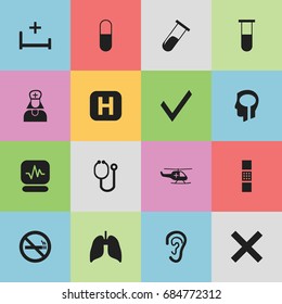 Set Of 16 Editable Health Icons. Includes Symbols Such As Mark, Pulse, Respiratory Organ And More. Can Be Used For Web, Mobile, UI And Infographic Design.
