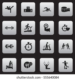 Set Of 16 Editable Healthy Icons. Includes Symbols Such As Training Pool, Barbell, Fight And More. Can Be Used For Web, Mobile, UI And Infographic Design.