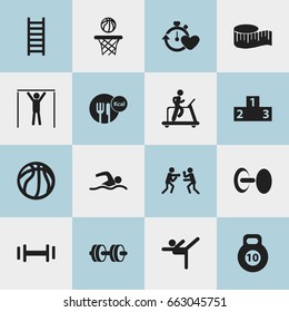 Set Of 16 Editable Healthy Icons. Includes Symbols Such As Basket Play, Strength, Jogging And More. Can Be Used For Web, Mobile, UI And Infographic Design.