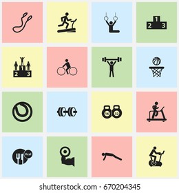 Set Of 16 Editable Healthy Icons. Includes Symbols Such As Jump Training, Barbell, Basketball And More. Can Be Used For Web, Mobile, UI And Infographic Design.