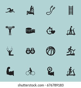 Set Of 16 Editable Healthy Icons. Includes Symbols Such As Bodybuilding, Weightlifting, Executing Running And More. Can Be Used For Web, Mobile, UI And Infographic Design.