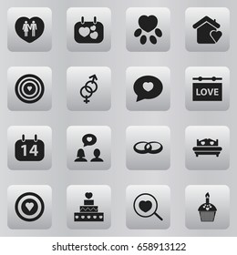 Set Of 16 Editable Heart Icons. Includes Symbols Such As Calendar, Signboard, Wedding And More. Can Be Used For Web, Mobile, UI And Infographic Design.