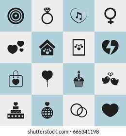 Set Of 16 Editable Heart Icons. Includes Symbols Such As Muffin, Handbag, Aim. Can Be Used For Web, Mobile, UI And Infographic Design.
