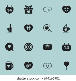 Set Of 16 Editable Heart Icons. Includes Symbols Such As Romance, Tea Mug, Valentine Balloons And More. Can Be Used For Web, Mobile, UI And Infographic Design.
