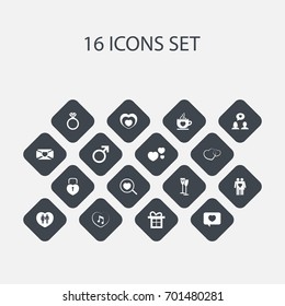 Set Of 16 Editable Heart Icons. Includes Symbols Such As Heartbeat, Couple, Music And More. Can Be Used For Web, Mobile, UI And Infographic Design.