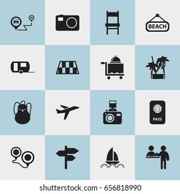 Set Of 16 Editable Holiday Icons. Includes Symbols Such As Caravan, Room Service, Stool And More. Can Be Used For Web, Mobile, UI And Infographic Design.