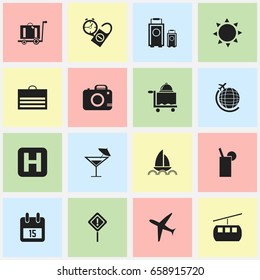 Set Of 16 Editable Holiday Icons. Includes Symbols Such As Aircraft, Luggage, Lemonade And More. Can Be Used For Web, Mobile, UI And Infographic Design.