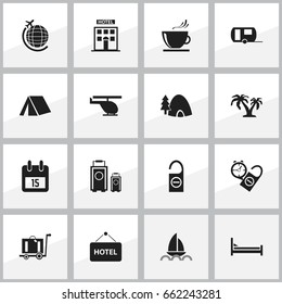 Set Of 16 Editable Holiday Icons. Includes Symbols Such As Caravan, Tree, Hotel And More. Can Be Used For Web, Mobile, UI And Infographic Design.