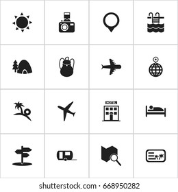 Set Of 16 Editable Holiday Icons. Includes Symbols Such As Hotel, Pin, Solar And More. Can Be Used For Web, Mobile, UI And Infographic Design.
