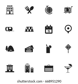 Set Of 16 Editable Holiday Icons. Includes Symbols Such As Luxury Inn, Hotel, Barrier And More. Can Be Used For Web, Mobile, UI And Infographic Design.