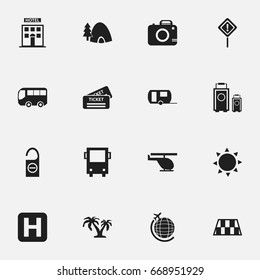 Set Of 16 Editable Holiday Icons. Includes Symbols Such As Hotel, Caravan, Photo Cam And More. Can Be Used For Web, Mobile, UI And Infographic Design.