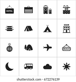 Set Of 16 Editable Holiday Icons. Includes Symbols Such As Dishes, Overcast, Point And More. Can Be Used For Web, Mobile, UI And Infographic Design.