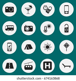 Set Of 16 Editable Holiday Icons. Includes Symbols Such As Thermometer, Cableway, Sunbathing And More. Can Be Used For Web, Mobile, UI And Infographic Design.